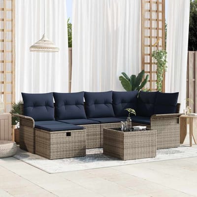 vidaXL - Tuinbank - Set - 7 - st - Grijs - en - Marineblauw - poly - rattan