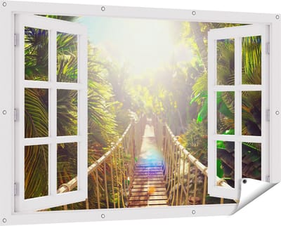 Gards Tuinposter Doorkijk Houten Brug in de Tropische Jungle - 150x100 cm - Tuindoek - Tuindecoratie - Wanddecoratie buiten - Tuinschilderij