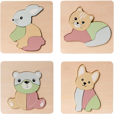 Speelgoedtopdeals - Houten Puzzel 4 assorti - 4 stukjes per puzzel - Beer Hond Kat Konijn - 14,7 cm - Duurzaam Speelgoed
