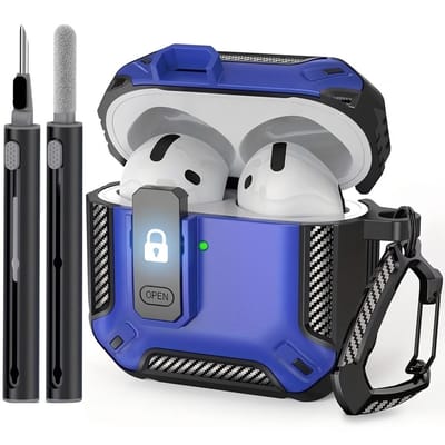 Blauw robuust hoesje voor oordopjes met carbon look geschikt voor AirPods 4 inclusief schoonmaakset en karabijnhaak – schokbestendig en duurzaam
