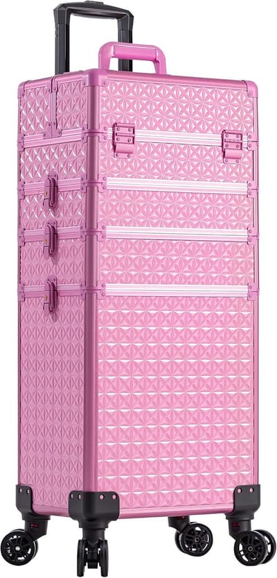 5-in-1 hoge make-upkoffer voor dames, make-up beautytrolley op wielen, professionele grote make-upkoffer organizer, rollende box, nageltechnicus koffer met sloten (geheel roze)