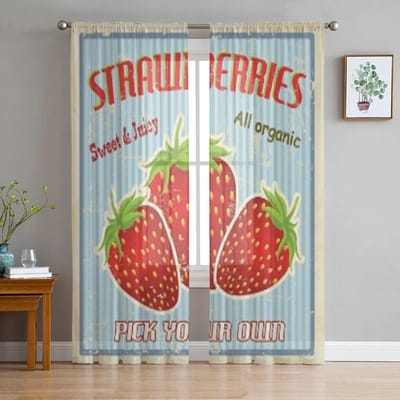 Aardbeien Vintage Grunge Retro Poster Chiffon Transparante Gordijnen voor Woonkamer Slaapkamer Decoratie Raam Voiles Tule Gordijn 135W x 114H(cm) brown