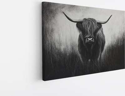 Saammp - Canvas Schilderij - Schotse Hooglander Koe - Zwart-Wit - Dieren - Natuur - 45x30 - Foto op canvas - Wanddecoratie - muurdecoratie Woonkamer - Slaapkamer decoratie - Canvas Print