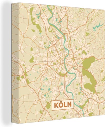 Canvas Schilderij Plattegrond - Köln - Stadskaart - Vintage - Kaart - 20x20 cm - Wanddecoratie