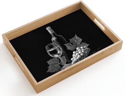 Dienblad hout 40x30 cm - Schootdienblad - Wijnfles - Glas - Druiven - Bladeren - Borrelplank rechthoek - Plateau dienbladen