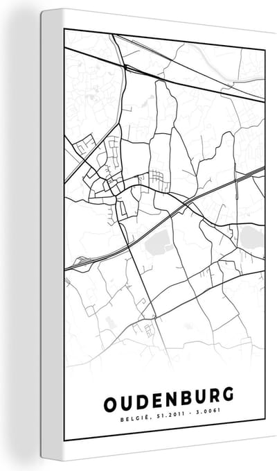 Canvas Schilderij Zwart Wit – België – Plattegrond – Stadskaart – Kaart – Oudenburg - 20x30 cm - Wanddecoratie