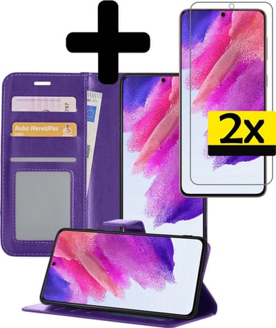 Hoesje - Met 2x Screenprotector - Geschikt voor Samsung Galaxy S21 FE - Luxe Pasjeshouder - Bookcase Portemonee - Flip Case - Kunstleer Book Case - Flipcase Hoes - Book Cover - Walletcase - Portemonneehoes - Telefoonhoesjes - Paars