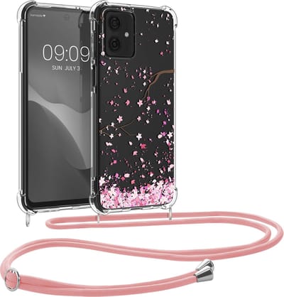 kwmobile telefoonhoesje geschikt voor Motorola Moto G54 5G - Hoesje met telefoonkoord - Back cover voor smartphone - Case in poederroze / donkerbruin / transparant