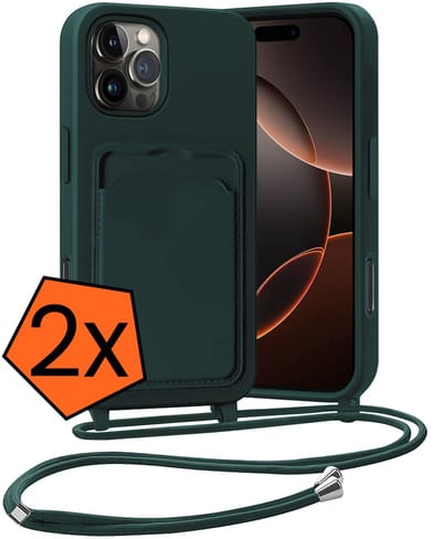 Hoesje Geschikt voor iPhone 16 Pro Hoesje Met Telefoonketting Pasjeshouder Case Koord - Hoesje Geschikt voor iPhone 16 Pro Hoes Met Kaarthouder - Donkergroen - 2 PACK