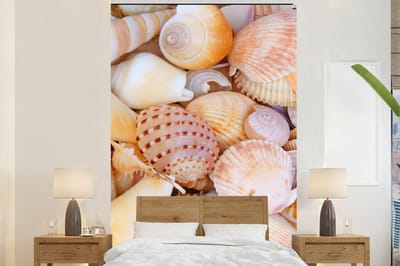 Behang - Fotobehang Schelpen - Strand - Zomer - Oranje - Breedte 170 cm x hoogte 260 cm
