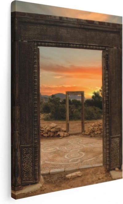 Artaza Canvas Schilderij Poort Zonsondergang - 30x40 cm - Klein - Muurdecoratie Griekenland - Wanddecoratie Landschap - Kamer Accessoires Natuur