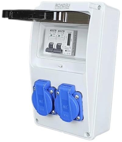 Stroomverdeler 230V met digitale meter en 2x Schuko aansluitingen voor werkplaatsen