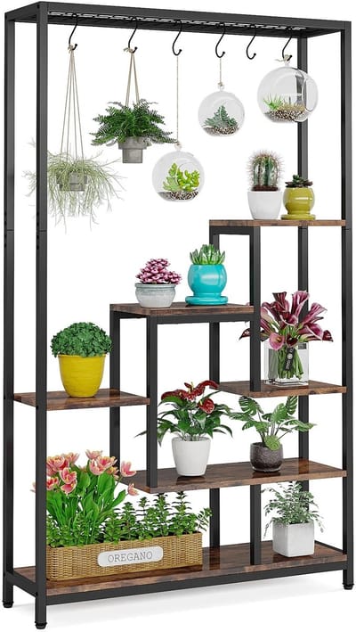 Roossentials Plantenrek - Plantenstandaard - Plantenkast - Plantenrek voor binnen - 5 laags - Zwart/Bruin - Industrieel