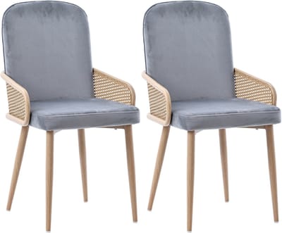 Fluwelen eetkamerstoel - set van 2 - rotan design - woonkamer - slaapkamer - met vier metalen poten (houtnerfeffect) - grijs