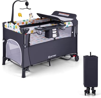 COSTWAY Baby Ledikant 5-In-1 Converteerbaar Babybedje met Verschoontafel Opbergzak Hangend Speelgoed & Draagtas Grijs