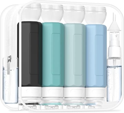 Famanu - 17 stuks reisflessen voor toiletartikelen, TSA goedgekeurde siliconen reisformaat containers, lekvrije toiletcontainers voor shampoo, conditioner, lotion en crèmes, grijs
