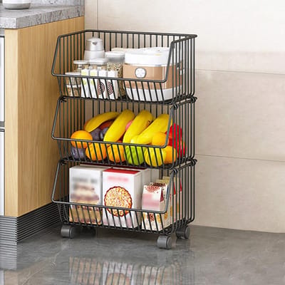3-laags fruitmand voor keukenopbergwagen Stapelbare metalen draad opbergmand Snacks Organizer Manden met wielen 3 Tier