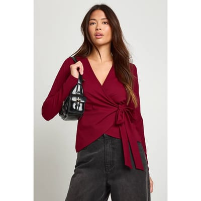 boohoo Dames Wikkel Voorzijde Strik Taille Top | Red | Maat: 8