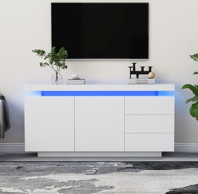 Sweiko Dressoir - TV kast - 2 deuren 3 laden - hoge glans - LED-lamp - Wit