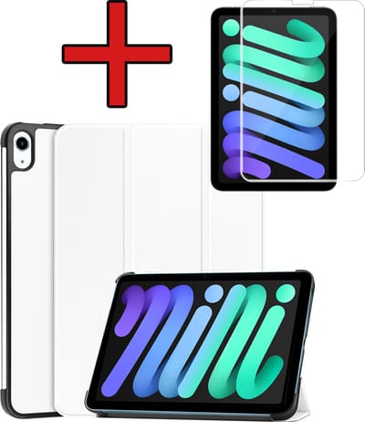 Hoesje - Geschikt voor Apple iPad Mini 7 (2024) - 8.3 inch - 7e Generatie - Met Screenprotector - Hardcover Book Case - Trifold Bookcase Hoes - Hard Cover - Tablethoes - Wit