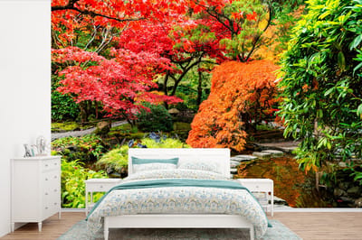 Behang - Fotobehang Bomen - Japans - Stenen - Pad - Natuur - Breedte 330 cm x hoogte 220 cm