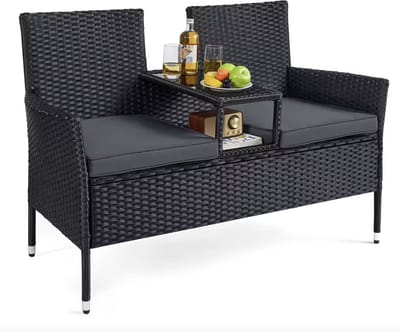 J&R Bistroset - Tuinbank - Tuinmeubel - Tuinstoel - 2 Stoelen en Tafel - Loungebank - Balkon Bank - Buiten bank - Inclusief kussens - Rotan - Zwart - Grijze kussens