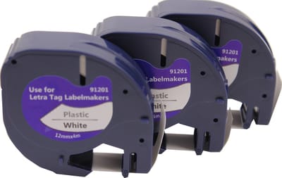 KATRIZ® huismerk label tape voor Dymo 91201 | DYMO LETRATAG LetraTag 100H/LetraTag 100T/LetraTag 2000/LetraTag QX54 | Zwart op Wit | 12mm*4m | 3 stuks
