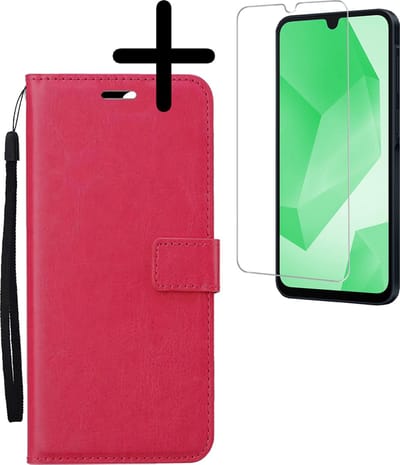 Hoesje Met Screenprotector - Geschikt voor Samsung Galaxy A16 - Luxe Pasjeshouder - Bookcase Portemonee - Flip Case - Kunstleer Book Case - Flipcase - Book Cover - Walletcase - Portemonneehoes - Donkerroze