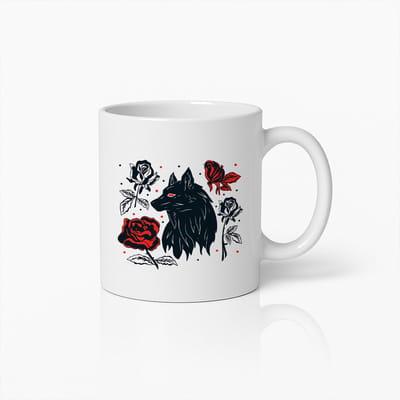 Wolf en Rozen Mok 330ml – Donkere Gotische Koffiebeker met Rode Roos & Wolf Ontwerp – Perfect Cadeau voor Fantasy- & Natuurliefhebbers