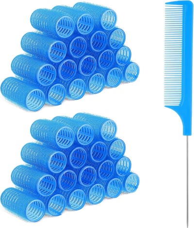 18 stuks zelfgreephaarrollers met kleine kam, hitteloze kruller, blauwe plastic haarrollen voor professionele salonkappers en doe-het-zelf kapsels