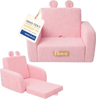 Flumi - 2 in 1 Uitschuifbare Kinderfauteuil - Schuimconstructie - Afneembare Wasbare Hoes - Teddy Stof - Met Zijvakken - Roze