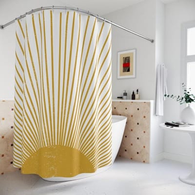 Mid Century Modern Zon Boho Douchegordijn, Retro Mcm Decor Funky Badkamer, Mosterdgeel Vintage Stijl Verweerd Zonneschijn W90xH180cm beige