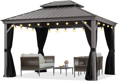PURPLE LEAF Hardtop Aluminium Tuinpaviljoen – Dubbel dak – Hoogwaardige Gordijnen – Wind- en weerbestendig – Luxe Lichtgrijs – Met Sfeerverlichting