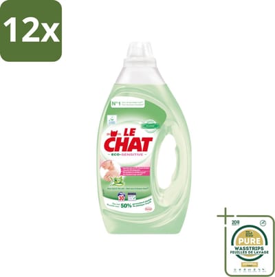 Le Chat Eco-Sensitive - Vloeibaar Wasmiddel - Witte en Gekleurde Was - Aloë Vera & Groene Thee - 30 Wasbeurten - Voordeelverpakking - 12 stuks - Biologisch - Gevoelige huid