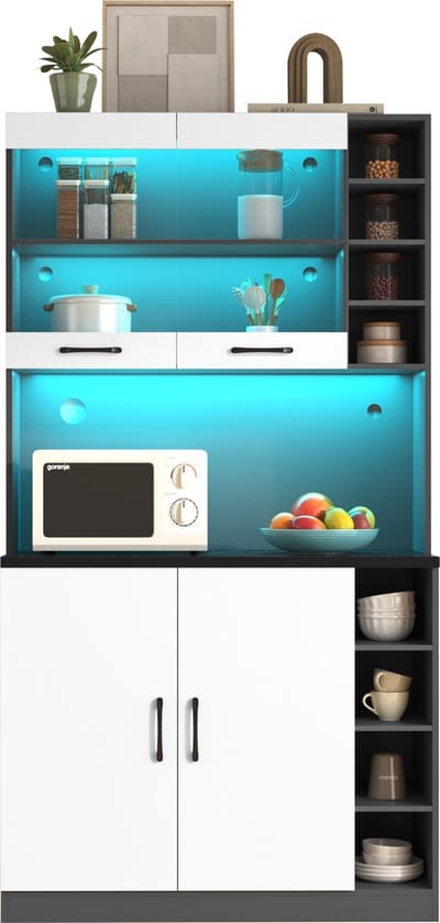 Sweiko Keukenkasten, buffet met LED-verlichting en snoergaten, grote ruimte voor magnetron, in hoogte verstelbare zijplanken, wit + grijs