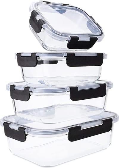 4 vershouddozen van premium glas met sterke lekvrije deksel - stapelbaar in elkaar. Vaatwasser, oven, vriezer, magnetron. Voorraaddozen. Set: 370, 640, 1040, 1520 ml