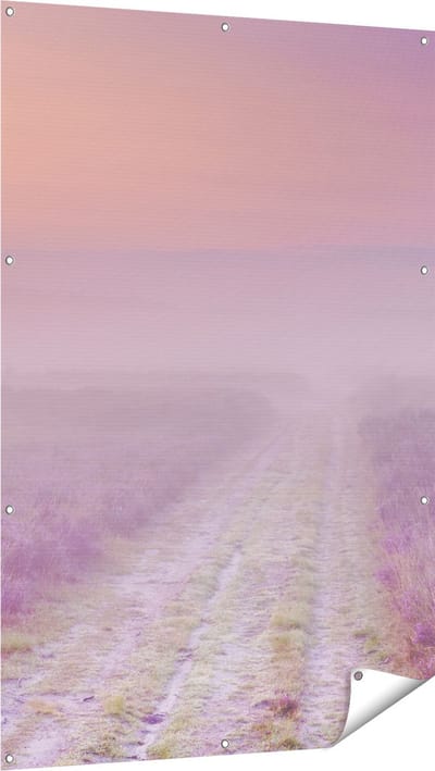 Gards Tuinposter Pad in de Weide tijdens de Mist - 100x150 cm - Tuindoek - Tuindecoratie - Wanddecoratie buiten - Tuinschilderij