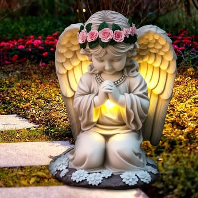 Buitenlandse Tuinfiguren met Solar Verlichting - Weerbestendige Decoratie voor Begraafplaats en Gebed, LED Engel Vormgeving