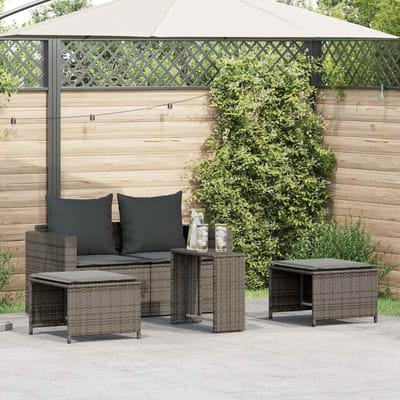vidaXL - 5-delige - Tuinbankstel - met - kussens - stapelbaar - poly - rattan - grijs