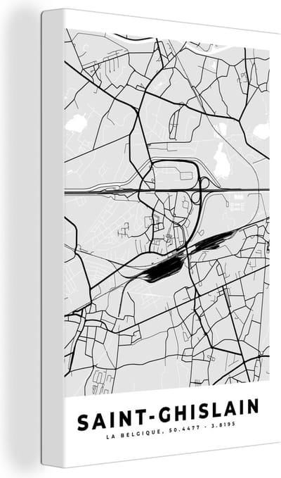 Canvas Schilderij Stadskaart – Zwart Wit - Kaart – Saint Ghislain – België – Plattegrond - 20x30 cm - Wanddecoratie