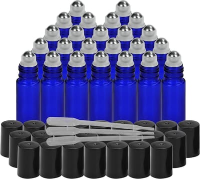 Allecto- Kobalt Blauw Glazen Roller Flesjes Met Druppelaar (24 Stuks) - 10 ml Etherische Olieflesenset - Roestvrijstalen Rolballen - Navulbare Lege Flessen - Aromatherapie en Olie - Geschikt voor Etherische Olie - Roller Flesjes - Lege Flessen.