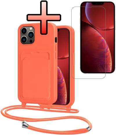 Hoes Geschikt voor iPhone 13 Pro Hoesje Pasjeshouder Cover Met Koord Case Siliconen Hoes Met Telefoonkoord en Kaarthouder Met Screenprotector - Papaya