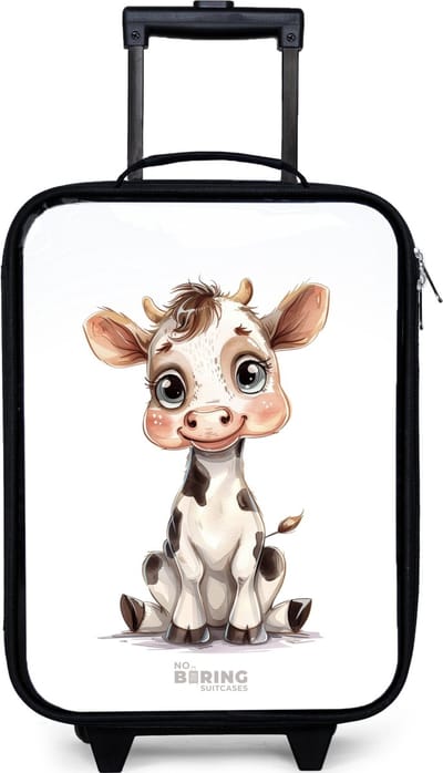 NoBoringSuitcases.com® - Kinderkoffer jongen - Kindertrolley meisje - Baby koe - Koffer kind lichtgewicht - Reiskoffer trolley voor kinderen - Koffertje met lichtgevende wieltjes - Rolkoffer zwart