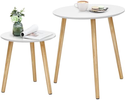 uJOY Set van 2 ronde bijzettafels - Massief houten poten - Scandinavisch design - Compact en lichtgewicht - Stevig tafelblad