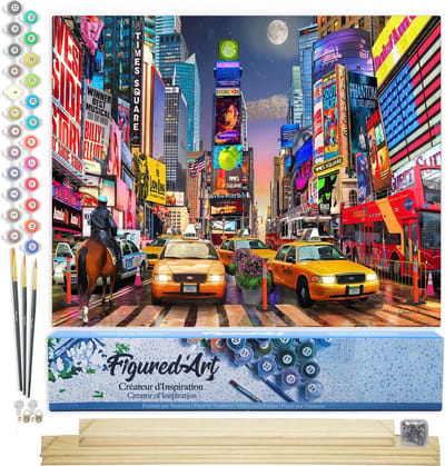 Figured'Art Schilderen op Nummer Volwassenen canvas Avond in Timesquare - Handwerk acrylverf Kit DIY Compleet - 40x50cm met DIY houten lijst