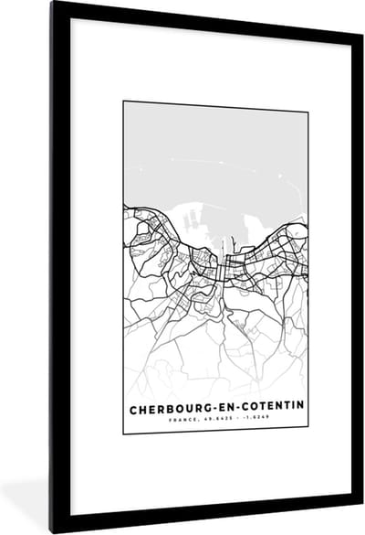 Fotolijst incl. Poster Zwart Wit- Plattegrond - Cherbourg-en-Cotentin - Kaart - Frankrijk - Stadskaart - Zwart wit - 80x120 cm - Posterlijst