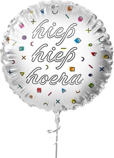 Folieballon Hiep Hiep Hoera - wit - 45cm - geschikt voor helium