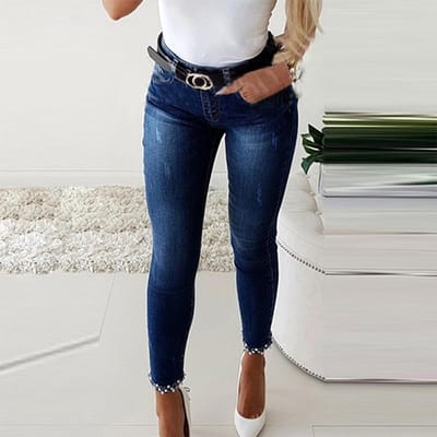 Pantalon Crayon Femme Jean Délavé Vintage Fourreau Denim Longueur Cheville Jean Perles Uni Poches Décontracté Taille Haute Skinny XXL bleu foncé
