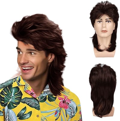 Cosensi- Pruik Hittebestendig - Bruin Mullet - Lange Krullende Haar - Carnaval/Kostuum - Hoofdomtrek 22-24.5 inch - Synthetische Vezels - Kostuumpruik