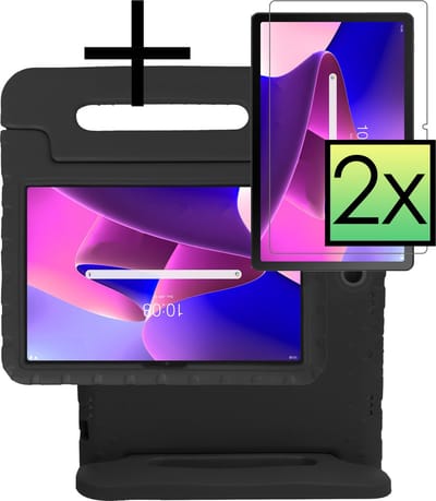 Hoes - Geschikt voor Lenovo Tab M10 Plus (3e / 3rd Generatie) - Met 2x Screenprotector - Kinderhoes Shockproof Bumper - Kidsproof Case - Tablet Hoesje - Kinder Cover - Zwart